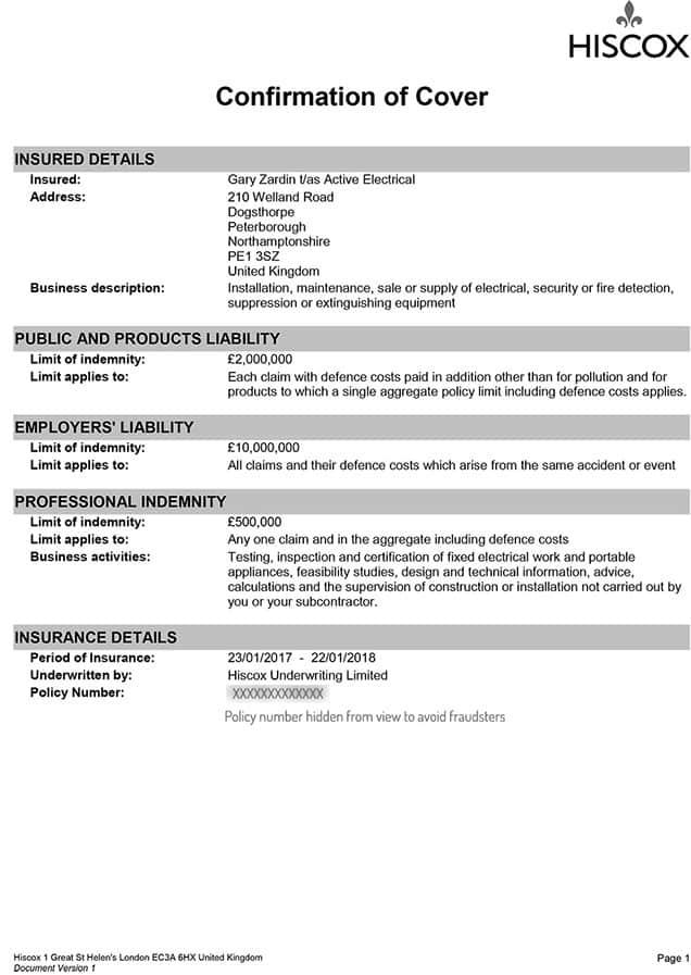 Electrical installation insurance certificate